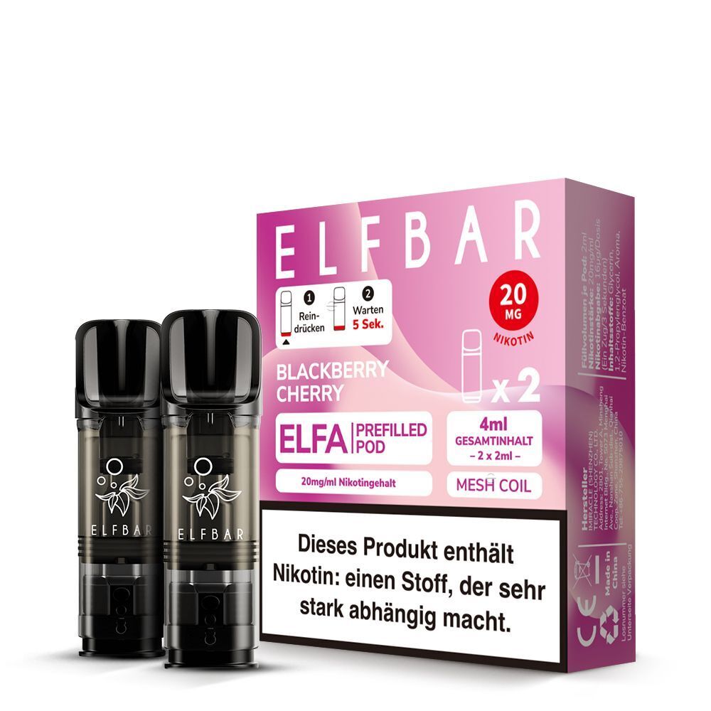 Elf Bar ELFA Pods Blackberry Cherry 20mg Packung mit zwei schwarzen Pods, 4ml Inhalt, Hinweis auf Nikotinabhängigkeit